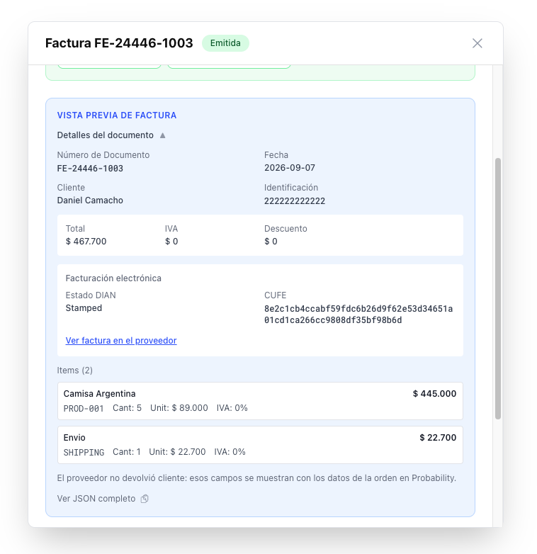Detalle de factura electrónica con estado DIAN e items sincronizados